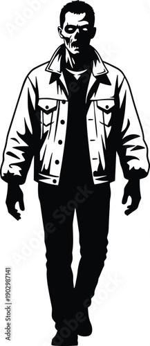 Creepy Zombie Man Silhouette Wearing Jacket Walking Forward with Glowing Eyes for Halloween Horror Apocalypse Graphic Design Vector Illustration Isolated on White Background Graphic