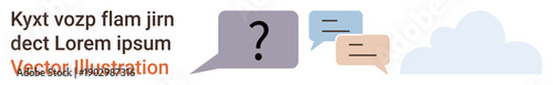 Communication, dialogue, problem-solving, collaboration, online discussions, cloud storage. Speech bubbles with text and question mark next to a cloud icon. Communication and dialogue concept