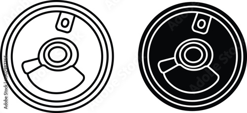 Top view beverage soda can lid icons showing closed and open pull tab ring positions in outline and solid black vector style