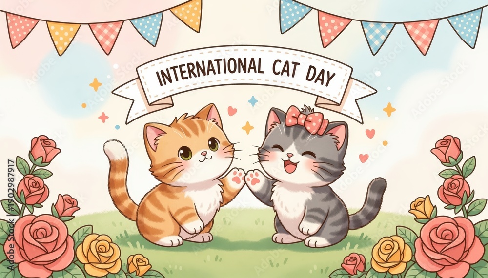 Naklejka premium International Cat Day: Two adorable cartoon cats, one orange and the other gray, are celebrating International Cat Day, waving hello. The background features colorful bunting, flowers.
