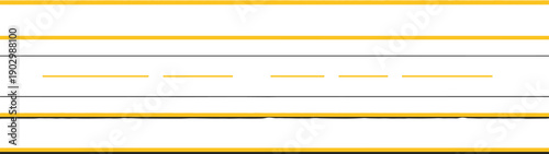 Top view of yellow and black road markings with dashed lines on asphalt for traffic safety highway infrastructure and transportation