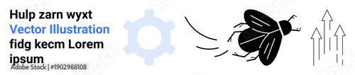 Business innovation, movement, technology advancement, progress, productivity, and growth. Black flying bug next to a gear symbol and three upward arrows. Motion and progress concept