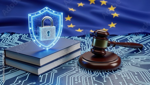 GDPR Compliance and Data Protection: A visual metaphor with gavel, law books, and digital shield with lock symbol represent the concept of GDPR and data protection, set against an EU flag background.