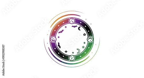 Mystical gradient circle with Halloween symbols and cosmic elements design vibrant art