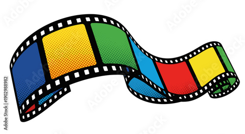 Colorful curled film strip illustration with vibrant frames isolated on white background