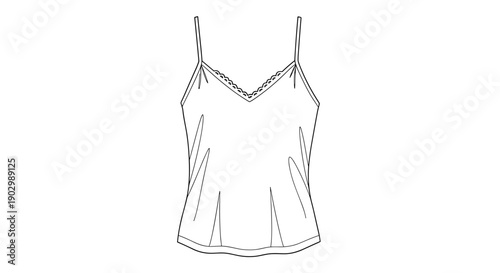 Simple line drawing of a pajama cami with thin straps, isolated on a white background, showcasing minimalist design and elegance