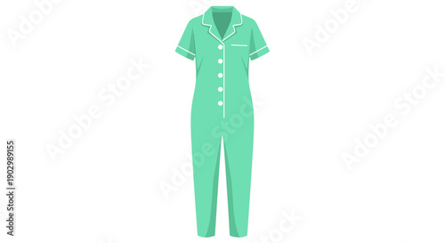 Mint green sleep jumpsuit with buttons and white piping, isolated on white background, short-sleeve design, front view illustration