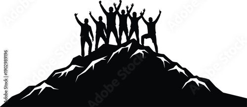 Vector silhouette of a group of successful climbers cheering on a mountain peak summit representing teamwork achievement and goal victory