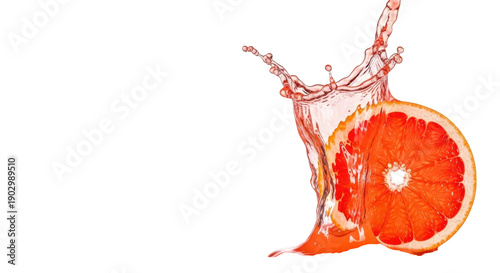 Vibrant grapefruit juice splashing dynamically, frozen spherical droplets, a glistening fresh slice partially immersed against a transparent background, concept for beverage advertising