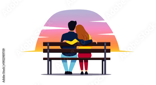 Couple sitting together on a bench watching a serene sunset from behind