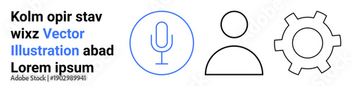 Microphone, user profile, and gear icons in simple line design. Ideal for technology, audio, user interface, settings, podcasts, profiles and simple landing page