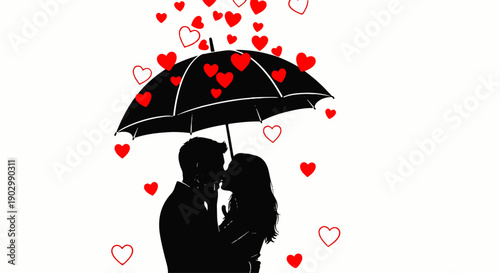 Couple sharing a romantic kiss under an umbrella surrounded by falling hearts on a rainy day