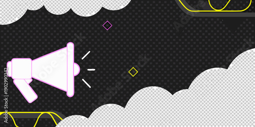 A white megaphone with pink highlights against a dark textured background