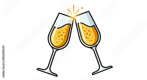 Two champagne glasses clinking together in a celebratory toast with sparkling drinks and golden liquid inside
