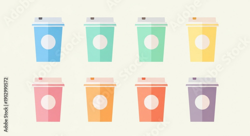 Collection of colorful disposable coffee cups with lids.