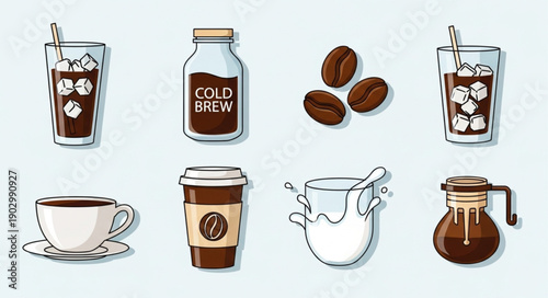Collection of Coffee Drinks and Accessories Hand Drawn Style.