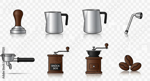 Collection of coffee making equipment and beans.