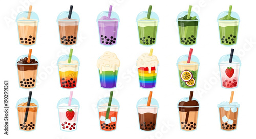 Collection of colorful bubble tea drinks with various flavors and toppings.