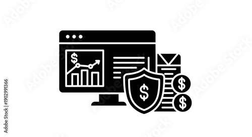 Financial Security and Growth Icon: Computer Monitor, Shield, Coins, Graph