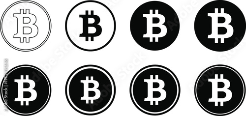 Black vector icon set of bitcoin coins for concepts of cryptocurrency digital finance blockchain technology online payment and modern banking,