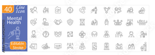 Mental health icons set, wellbeing, psychology, therapy, mindfulness, stress management, emotional support, self care, mental wellness, healthy mind, awareness, professional design editable stroke 