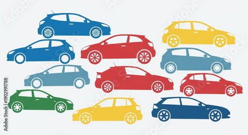 Collection of colorful compact cars parked together illustration.