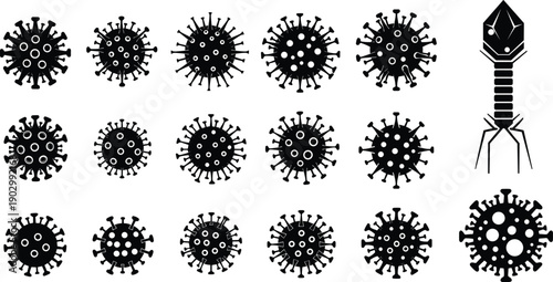 Black vector icon set of viruses and bacteria for concepts of microbiology infectious diseases healthcare clinical research and medical branding,