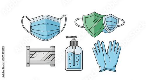 Hygiene Protection Icons: Mask, Gloves, Sanitizer, Shield, Barrier