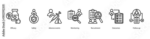Clinical Trial Outcomes web banner featuring Efficacy, Safety, Adverse Events, Monitoring, Recruitment, Outcomes, and Follow Up.