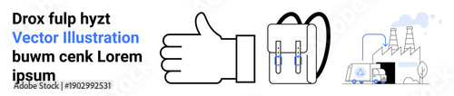 Education, logistics, travel, industry, industrial production, approval. Thumbs up icon, backpack and industrial factory graphic. Education and logistics concepts visually