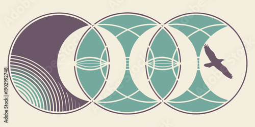 Three interconnected circular geometric shapes containing abstract patterns and a small silhouette of a flying bird define a horizontal composition.