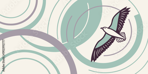 Stylized bird in flight soars across a background of overlapping pastel-colored circular wave patterns.