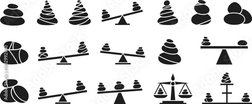 Black vector silhouette icon set of balanced zen stones and scales for concepts of harmony stability wellness meditation and branding