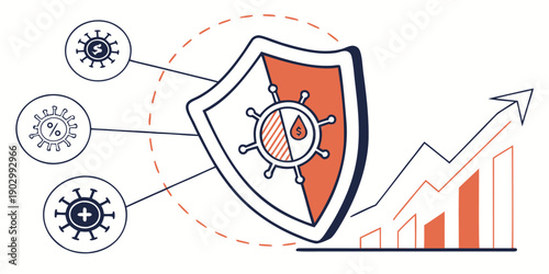 Protection shield icon resists three different types of abstract threats indicated by virus-like symbols connected to financial indicators.