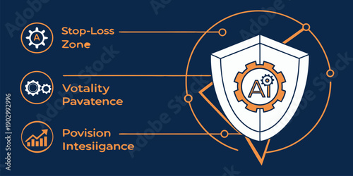 Central shield icon featuring an AI gear symbol is linked to textual descriptions of financial risk management concepts on a dark blue background.