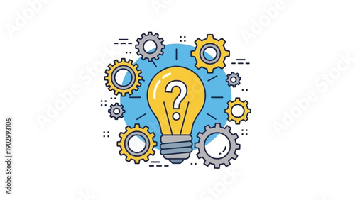 Lightbulb with question mark and gears symbolizing problem solving and idea generation.