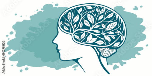 A profile silhouette of a woman's head contains internal branching leaves, symbolizing mental wellness and natural thought processes.