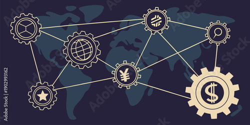 Interconnected global gears displaying various currency symbols are linked across a dark world map background representing international commerce.