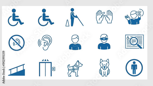 Set of blue icons representing disability access and inclusivity.