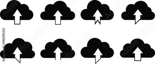 Black vector silhouette icon set of clouds with upload arrows for concepts of cloud computing data storage internet and branding,