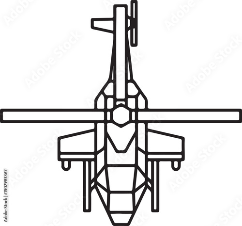 Minimalist Line Art of a Helicopter Top View with Compass Rose, Technical Drawing Outline of an Aircraft or Rotorcraft