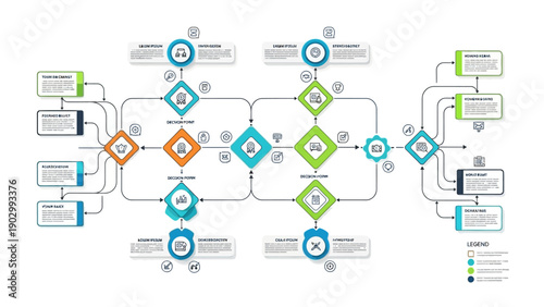 Modern infographic diagram showing complex business process flow.