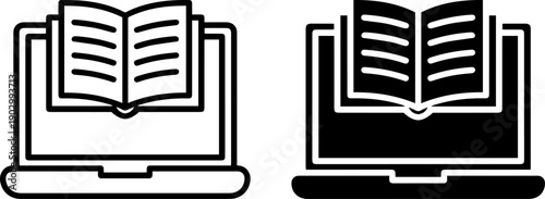 Modern computer and laptop icons with open book on screen for education and learning