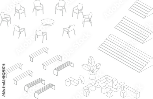 Minimalist Line Art of Outdoor Furniture and Planters architectural drawing CAD design