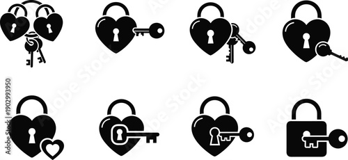 Black vector silhouette icon set of heart shaped padlocks with keys for concepts of love security romance protection and branding,