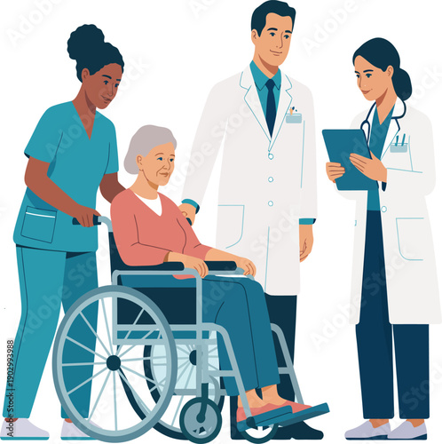 Medical team assisting elderly patient with care and support
