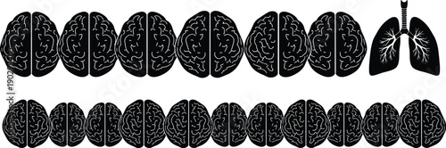 Black vector silhouette icon set of human brains and lungs for concepts of neurology pulmonology internal medicine health and branding