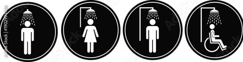 Public Shower and Restroom Icon Set Featuring Male Female Unisex and Disability Accessible Signs for Wayfinding Information Signage Vector Illustration Isolated on White Background