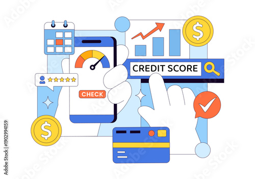 Credit Score Vector Illustration Featuring a Loan Arrow Gauge Speedometer Showing Ratings From Poor to Good on a Flat Style Background