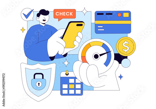 Credit Score Vector Illustration Featuring a Loan Arrow Gauge Speedometer Showing Ratings From Poor to Good on a Flat Style Background